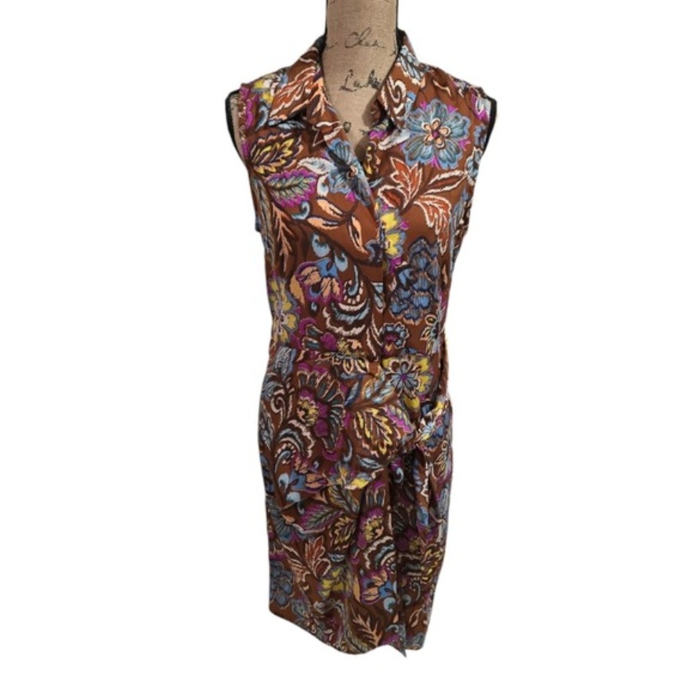 Drew TJ70741 Brown Floral Paisley Sleeveless Tie Front Wrap‎ Shirt Dress Size Sm